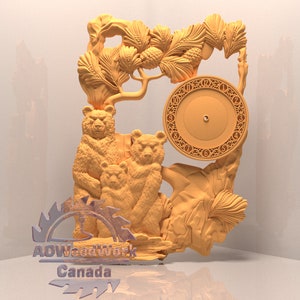 May include: A wooden wall clock featuring a carved design of a bear family with a tree and clock face. The clock face has Roman numerals. The clock is made of light brown wood and has a natural finish.