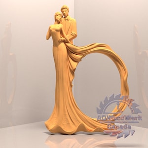 May include: A wooden sculpture of a bride and groom standing together. The bride is wearing a flowing gown and the groom is wearing a suit. The sculpture is painted in a light brown colour and has a smooth finish. The sculpture is on a white background.