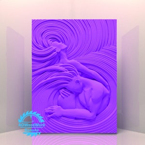 May include: A purple relief sculpture of two figures intertwined, set against a swirling background. One figure is reclining, the other is embracing a sphere. The artwork is displayed in a corner setting, with the "ADWoodWork Canada" logo visible.