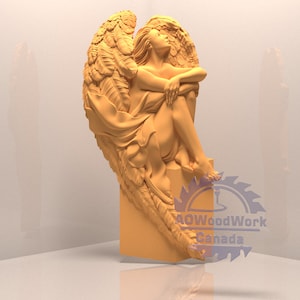 May include: A 3D printed sculpture of an angel with wings, sitting on a block. The angel is made of a light brown material and has a serene expression on its face.