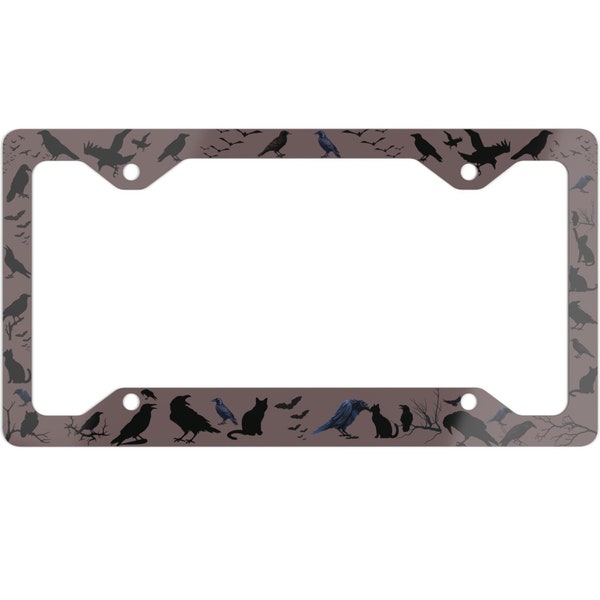 Gothic License Plate Frame, Metal Car Tag Holder for Halloween Decor, Black Raven Cat Gift, Vehicle Accessory Gift, Creepy Car Decoration