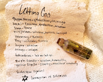 May include: A handwritten list titled "Letting Go" on textured paper, with associated herbs and intentions. A small glass bottle filled with herbs sits nearby. The text includes a hexagram of Solomon and instructions to keep it at home.