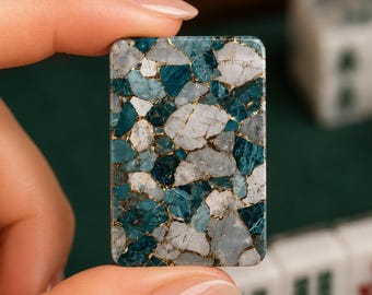 American Mahjong Tile Set with Blue Teal Stone Mosaic Design, Luxury Mahjong Gift for Women, Mahjong Game Accessories
