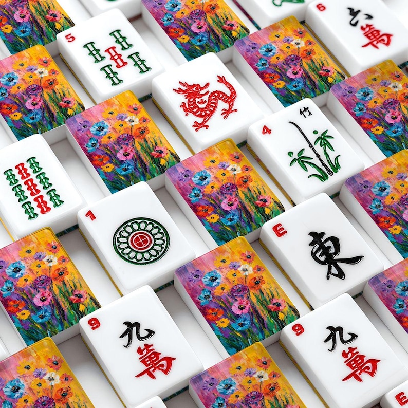 American Mahjong Tile Set with Colorful Floral Art Design, Bright Wildflower Pattern Mahjong Set, Gift for Mahjong Lovers image 4