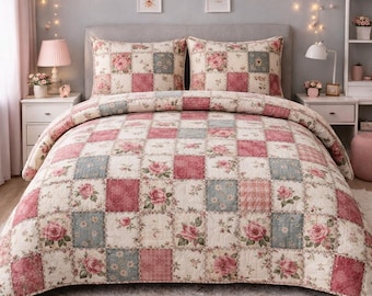 Vintage bloemen patchwork dekbedovertrekset, shabby chic dekbedovertrek in quiltstijl, roze roos beddengoedset met kussenslopen, gezellige boerderij