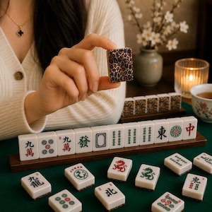 May include: A set of Mahjong tiles, with a focus on a tile featuring a leopard print design. The tiles are white with black, green, and red symbols. The game is set on a green surface, with a wooden tile holder.