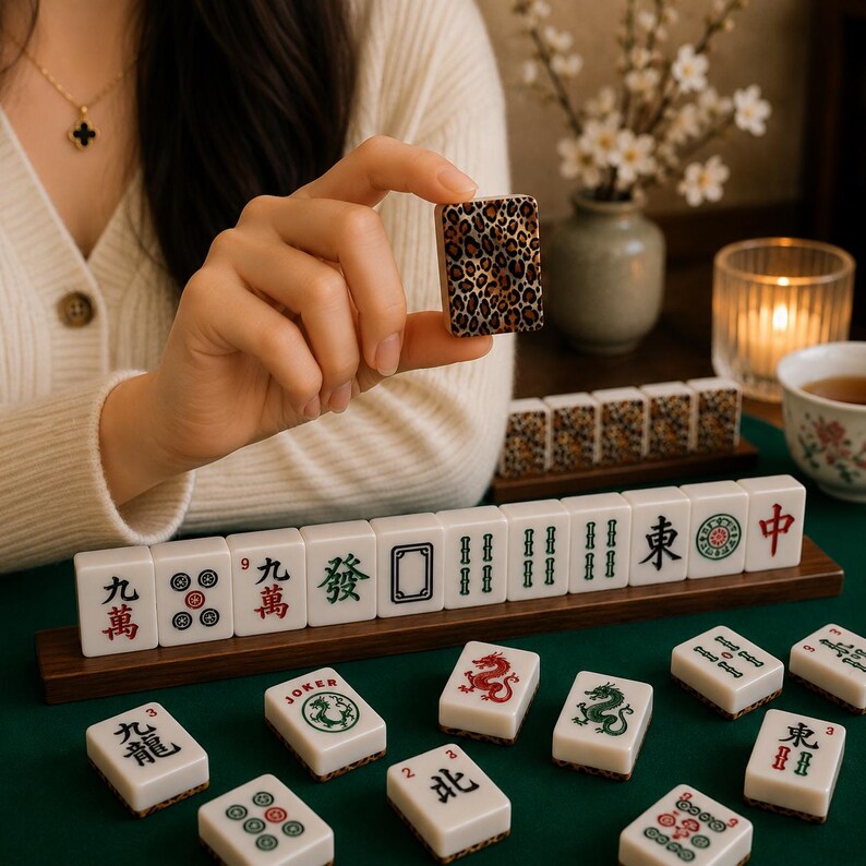 May include: A set of Mahjong tiles, with a focus on a tile featuring a leopard print design. The tiles are white with black, green, and red symbols. The game is set on a green surface, with a wooden tile holder.