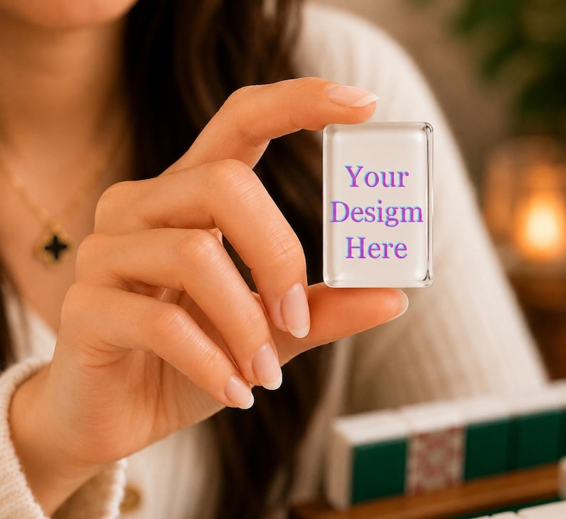 Puede incluir: Una ficha rectangular de acr&iacute;lico transparente con esquinas redondeadas que presenta el texto morado Your Design Here impreso en la superficie frontal. La ficha se sostiene en posici&oacute;n vertical, mostrando su acabado liso.