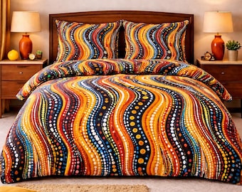 Colorful Boho Duvet Cover Set, Abstract Tribal Wave Bedding, Vibrant Retro Comforter Cover, Mid Century Modern Bedroom Decor