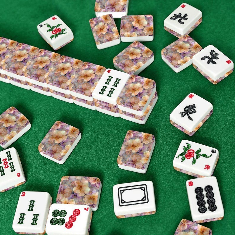 Amerikaanse mahjongtegelset met zacht bloemdessin, lavendel- en perzikbloem mahjongset, elegante mahjongcadeauset afbeelding 9