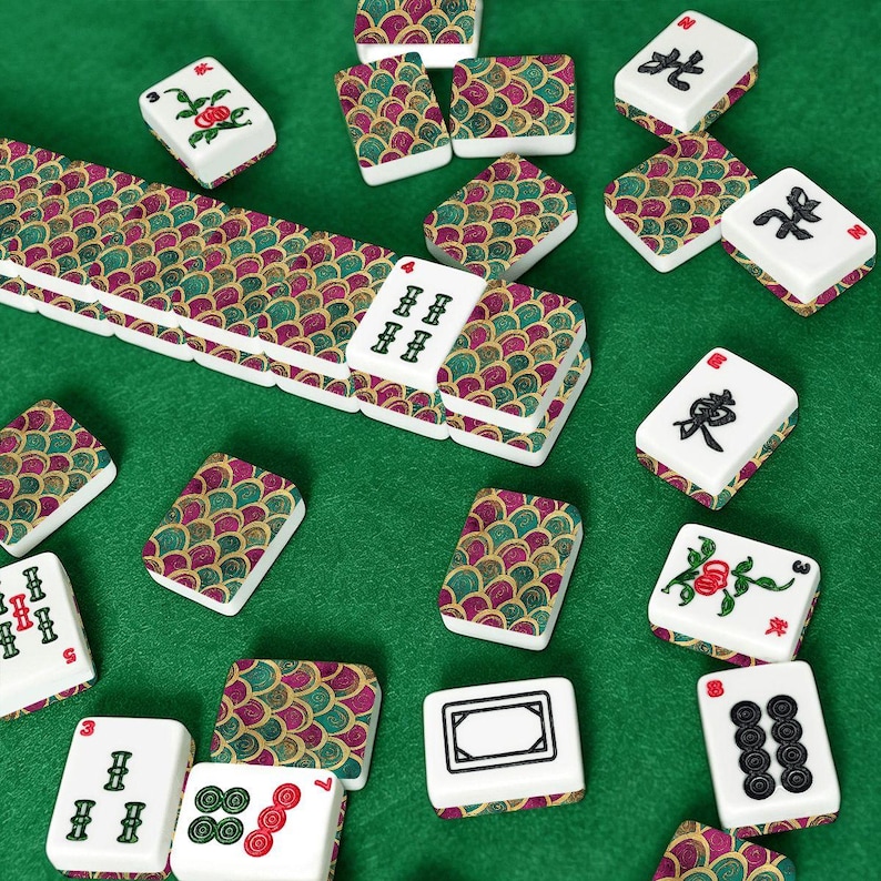 American Mahjong Tile Set with Art Deco Fan Pattern Backs, Luxury Custom Mahjong Tiles, Vibrant Teal, Magenta & Gold Design, Mahjong Gift image 10
