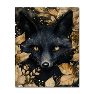 May include: A watercolour painting of a black fox with striking yellow eyes, framed by autumnal leaves in shades of brown and gold. The fox's fur is detailed, and the artwork has a dark, atmospheric quality, suitable for wall art.