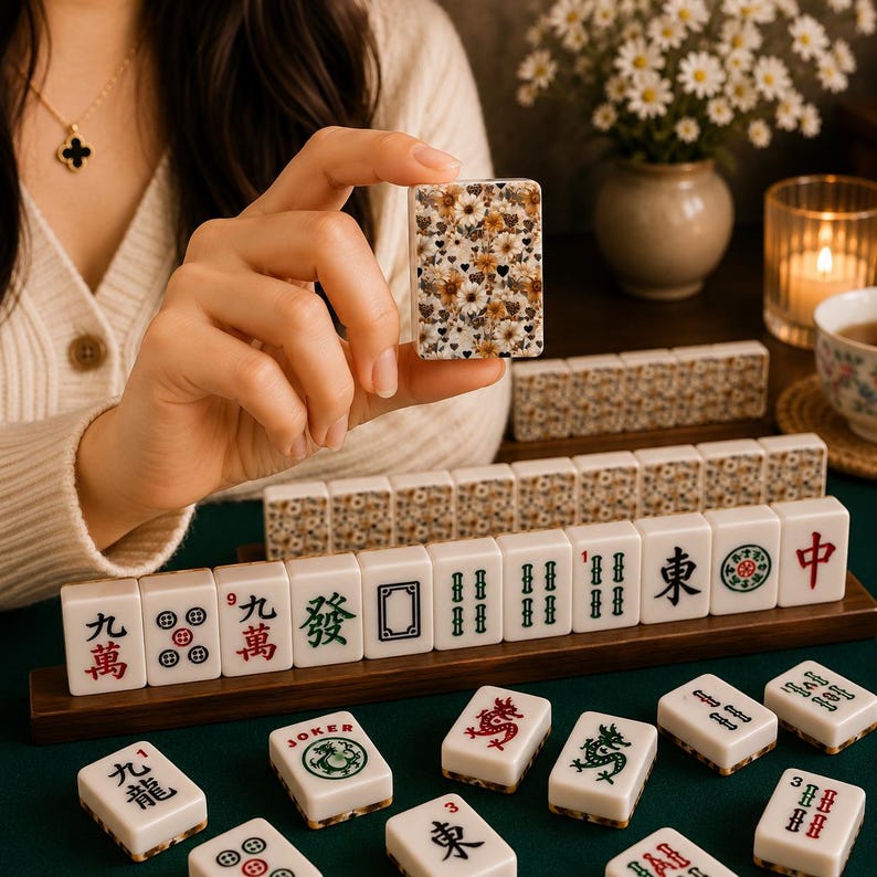 May include: A complete Mahjong set with white tiles featuring red, green, and black symbols and characters. One tile is held up close, showcasing a floral pattern. The set includes a wooden rack and is displayed on a green surface.