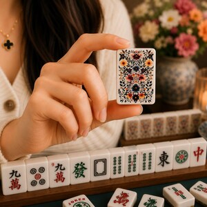 Op de afbeelding: Een witte Mahjong-tegel met een bloemenpatroon in rood, oranje, blauw en paars. De tegel wordt vastgehouden, met andere tegels en Chinese karakters zichtbaar. Bordspel.