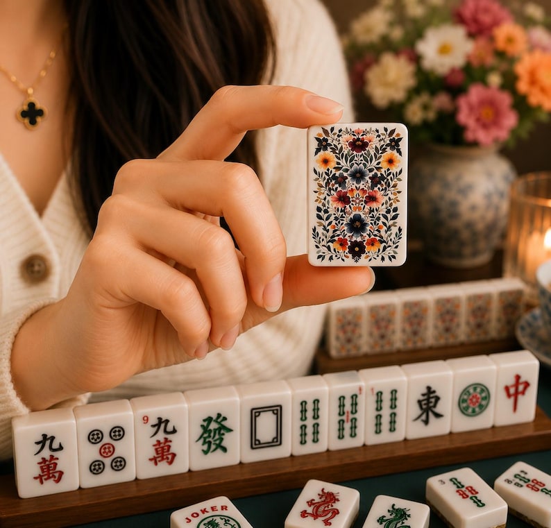 Op de afbeelding: Een witte Mahjong-tegel met een bloemenpatroon in rood, oranje, blauw en paars. De tegel wordt vastgehouden, met andere tegels en Chinese karakters zichtbaar. Bordspel.