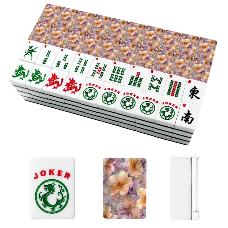 Amerikaanse mahjongtegelset met zacht bloemdessin, lavendel- en perzikbloem mahjongset, elegante mahjongcadeauset afbeelding 4