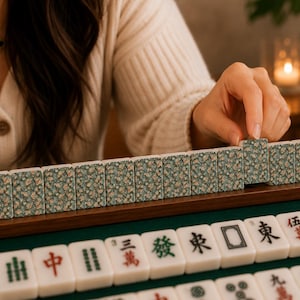 May include: A set of rectangular mahjong tiles featuring a floral pattern in shades of green, blue, and white on the back. The front of the tiles displays traditional black, red, and green Chinese characters and symbols on a white background.