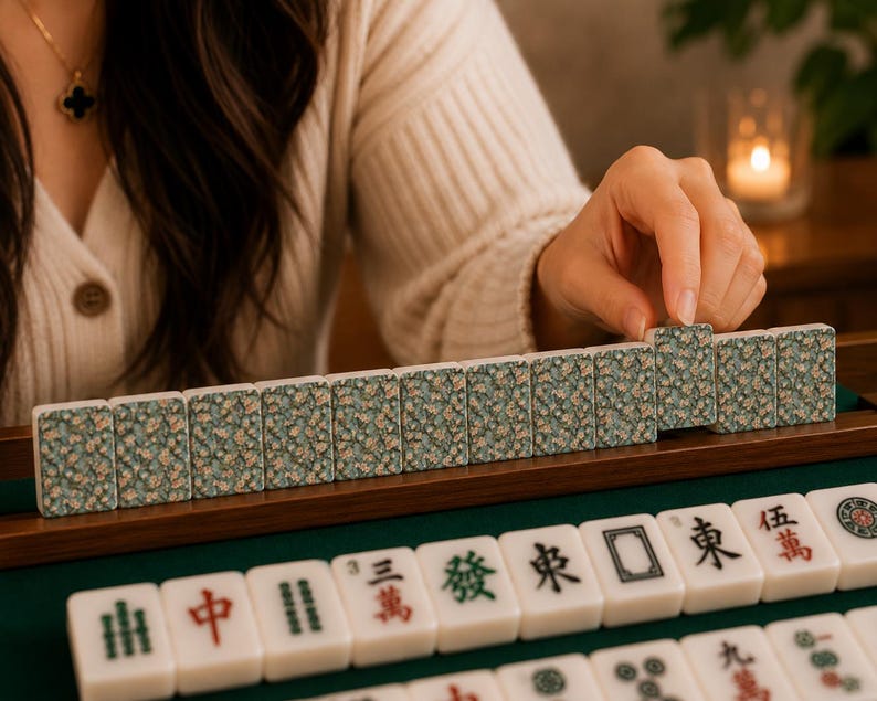 May include: A set of rectangular mahjong tiles featuring a floral pattern in shades of green, blue, and white on the back. The front of the tiles displays traditional black, red, and green Chinese characters and symbols on a white background.