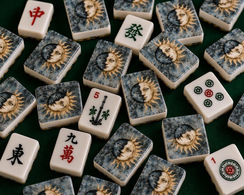 May include: A collection of rectangular mahjong tiles scattered across a surface. Many tiles feature a celestial sun and moon face illustration with a blue-grey textured background. Other tiles display traditional Chinese characters and symbols.