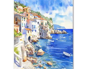 Mediterrane kustdorp verf op nummer kit voor volwassenen, aquarel kustlandschap DIY canvas kunst, Amalfikust stijl schilderij kit