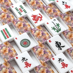 Amerikaanse mahjongtegelset met zacht bloemdessin, lavendel- en perzikbloem mahjongset, elegante mahjongcadeauset afbeelding 2