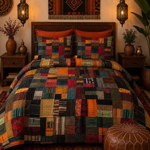 May include: A patchwork quilt and two matching pillow shams featuring a multi-colored grid of rectangular fabric pieces in shades of deep red, orange, yellow, blue, green, and black, with visible stitching throughout the textile surface.