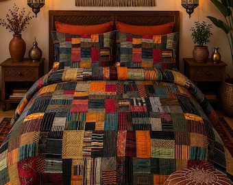 Tribal Patchwork Duvet Cover Set, Boho Ethnic Bedding, Rustic Southwestern Comforter Cover, African Inspired Bedroom Set, Earth Tone Bedding