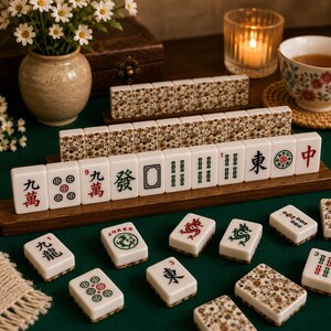 May include: A complete Mahjong set with white tiles featuring red, green, and black symbols and characters. The set includes a wooden rack and decorative tiles. The game is set on a green surface with a vase of flowers and a lit candle in the background.