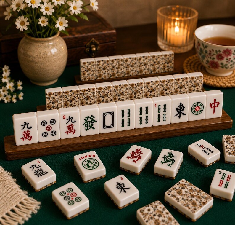 May include: A complete Mahjong set with white tiles featuring red, green, and black symbols and characters. The set includes a wooden rack and decorative tiles. The game is set on a green surface with a vase of flowers and a lit candle in the background.