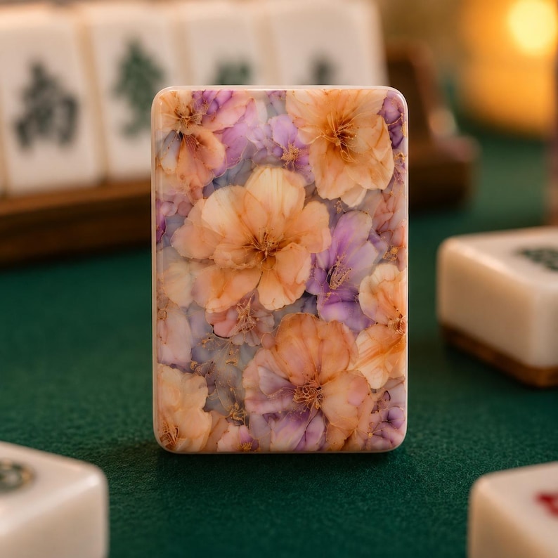 Op de afbeelding: Een rechthoekige mahjongtegel met een levendig bloemenpatroon van overlappende perzikkleurige, oranje en zachtpaarse bloesems. Het oppervlak is glad en glanzend en toont een gedetailleerde botanische print op de gehele voorzijde van de tegel.