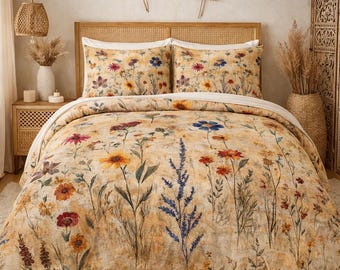 Boho bloemen dekbedovertrekset, vintage wilde bloemen beddengoed set, rustieke botanische dekbedovertrek met kussenslopen, boho slaapkamer decor