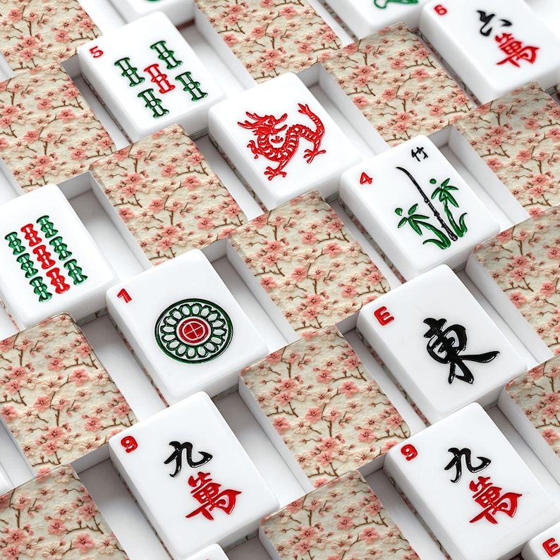 Amerikanisches Mahjong-Fliesenset mit Kirschblütendesign, luxuriöse Mahjong-Fliesen, ästhetisches Mahjong-Spielset, florales Mahjong-Geschenk, Mahjong-Liebhaber Bild 2