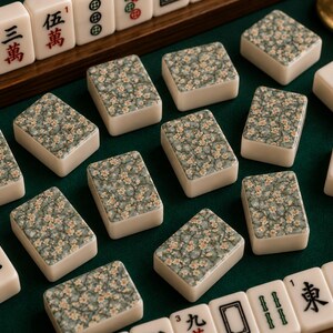 May include: A set of rectangular mahjong tiles featuring a cream-coloured base with a detailed floral pattern of small white and pink blossoms on a sage green background, alongside traditional tiles with black, red, and green character markings.