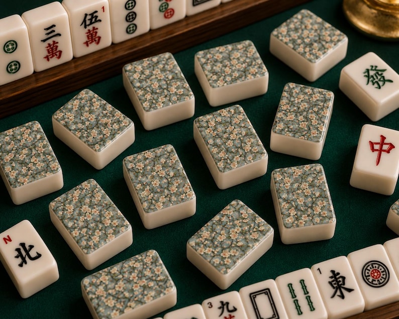 May include: A set of rectangular mahjong tiles featuring a cream-coloured base with a detailed floral pattern of small white and pink blossoms on a sage green background, alongside traditional tiles with black, red, and green character markings.