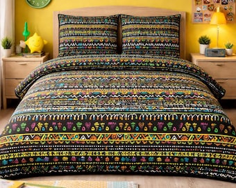 Colorful Tribal Pattern Duvet Cover Set, Boho Teen Bedding, Black Aztec Comforter Cover, Kids Bedroom Deco, Vibrant Geometric Bedding Set