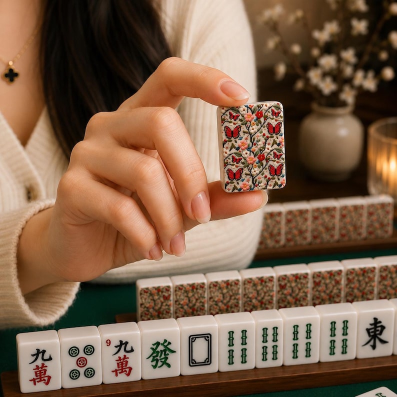 May include: A close-up of a Mahjong tile held in a hand. The tile features a floral and butterfly design in red, pink, and green. Other tiles with Chinese characters and symbols are visible in the background, suggesting a game.