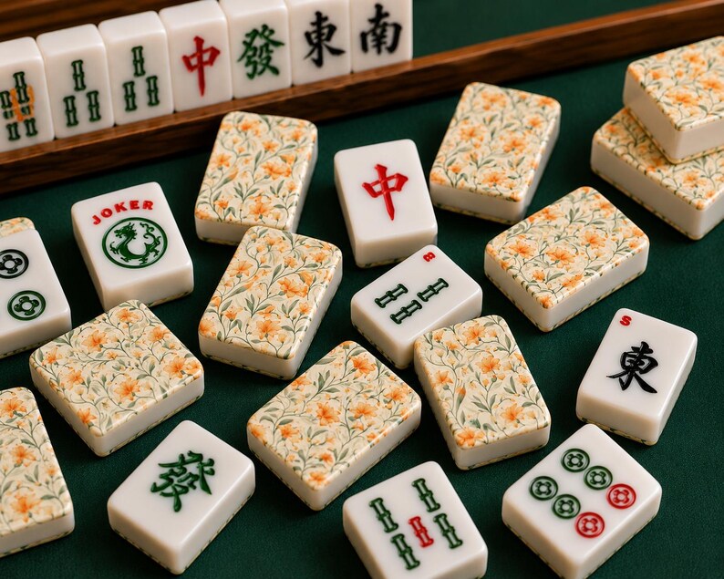 May include: A collection of Mahjong tiles featuring a mix of white tiles with orange floral patterns and traditional tiles with red, green, and black Chinese characters or symbols. One tile is labeled JOKER with a green dragon graphic.