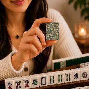 May include: A rectangular mahjong tile featuring a detailed floral pattern in shades of blue, green, and white, held upright. The tile displays a dense botanical design with small blossoms and leaves, contrasting with standard white mahjong tiles.