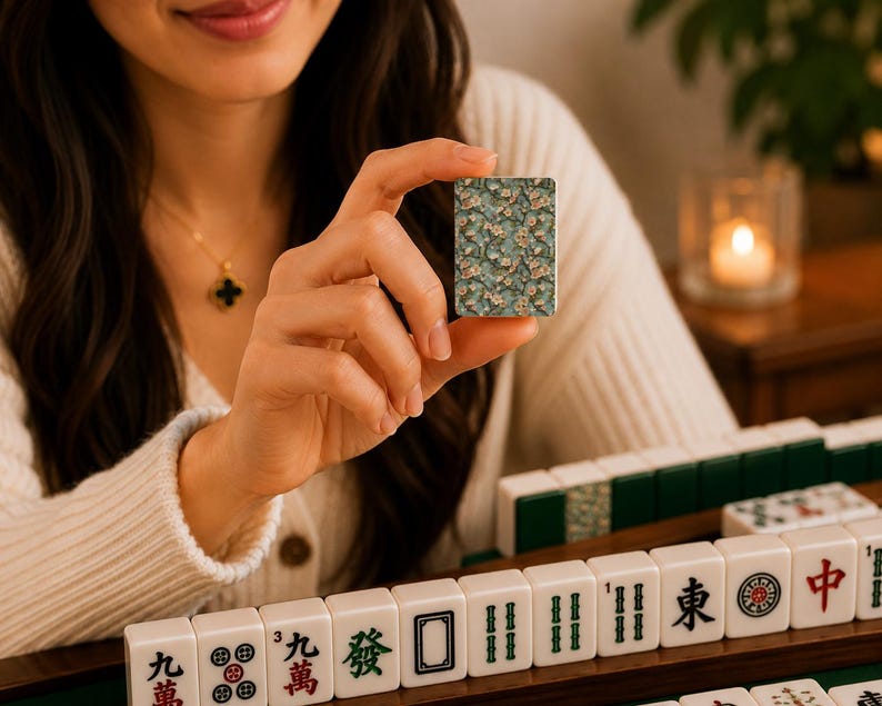 May include: A rectangular mahjong tile featuring a detailed floral pattern in shades of blue, green, and white, held upright. The tile displays a dense botanical design with small blossoms and leaves, contrasting with standard white mahjong tiles.