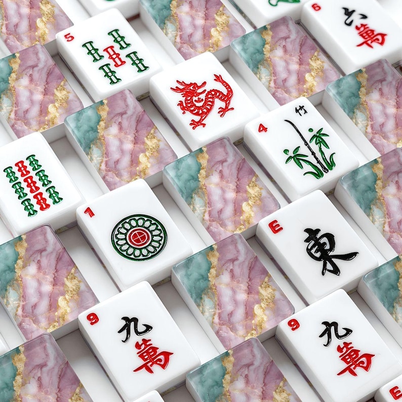 Amerikanisches Mahjong Marmorfliesen-Set, Türkis-Rosagold-Achat-Mahjong-Fliesen-Design, Mahjong-Geschenk, elegantes Spielnacht-Set Bild 3