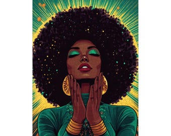 May include: A jigsaw puzzle featuring a vibrant illustration of a Black woman with closed eyes, hands clasped near her face, and large gold earrings. She wears a green top and has a large afro. The background is yellow and green with radiating lines.