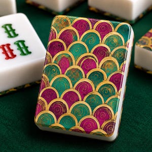 May include: A rectangular mahjong tile featuring a vibrant pattern of overlapping semicircles in shades of magenta, teal, and gold. The tile has a smooth, glossy finish with rounded edges, showcasing a repeating scale-like design on its back.