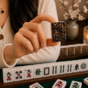 May include: A close-up of a Mahjong tile with a leopard print design. The tile is held in front of other white tiles with Chinese characters and symbols. The game is set on a dark wooden surface.
