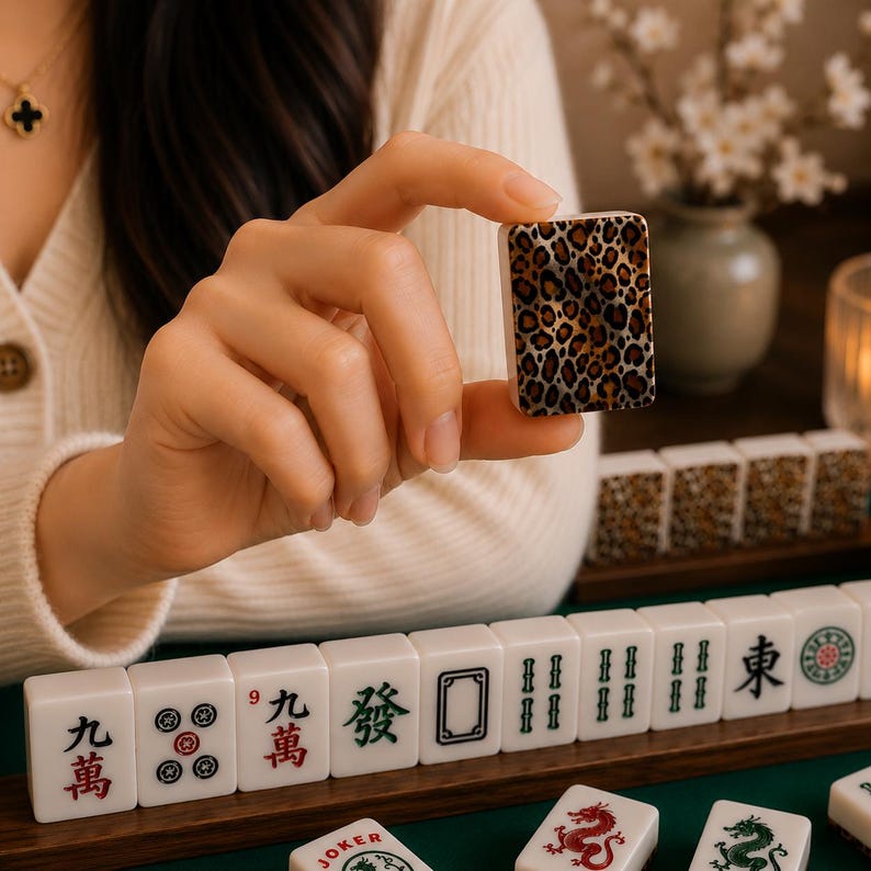 May include: A close-up of a Mahjong tile with a leopard print design. The tile is held in front of other white tiles with Chinese characters and symbols. The game is set on a dark wooden surface.