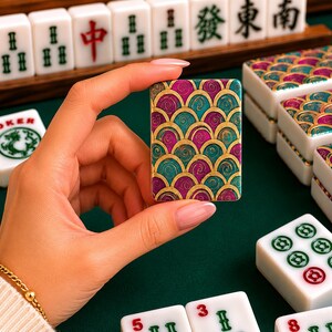 May include: A rectangular mahjong tile featuring a decorative pattern of overlapping purple and teal scales outlined in gold. The tile is held upright, displaying the intricate scalloped design against a background of standard white mahjong tiles.