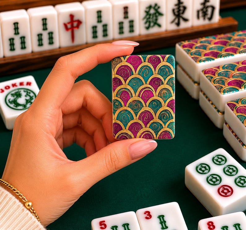 May include: A rectangular mahjong tile featuring a decorative pattern of overlapping purple and teal scales outlined in gold. The tile is held upright, displaying the intricate scalloped design against a background of standard white mahjong tiles.