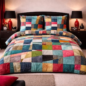 Kleurrijke patchwork dekbedovertrekset, boho quiltstijl beddengoed, rustieke moderne slaapkamer veelkleurige patchwork dekbedovertrek, gezellig boerenbed