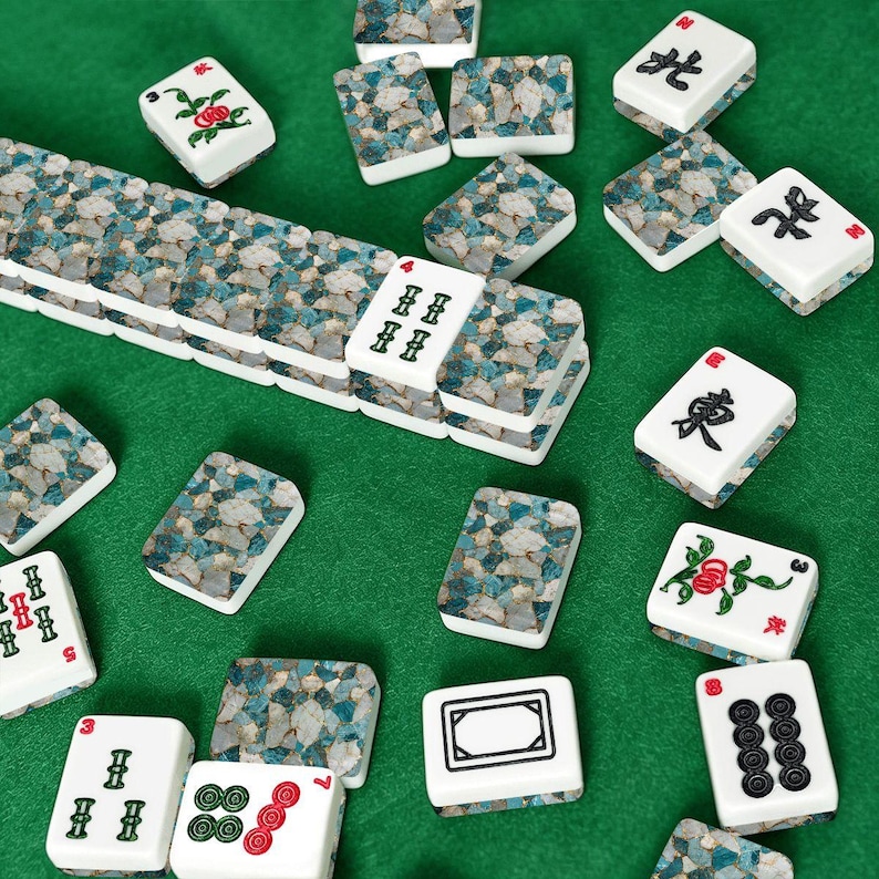 American Mahjong Tile Set with Blue Teal Stone Mosaic Design, Luxury Mahjong Gift for Women, Mahjong Game Accessories image 11