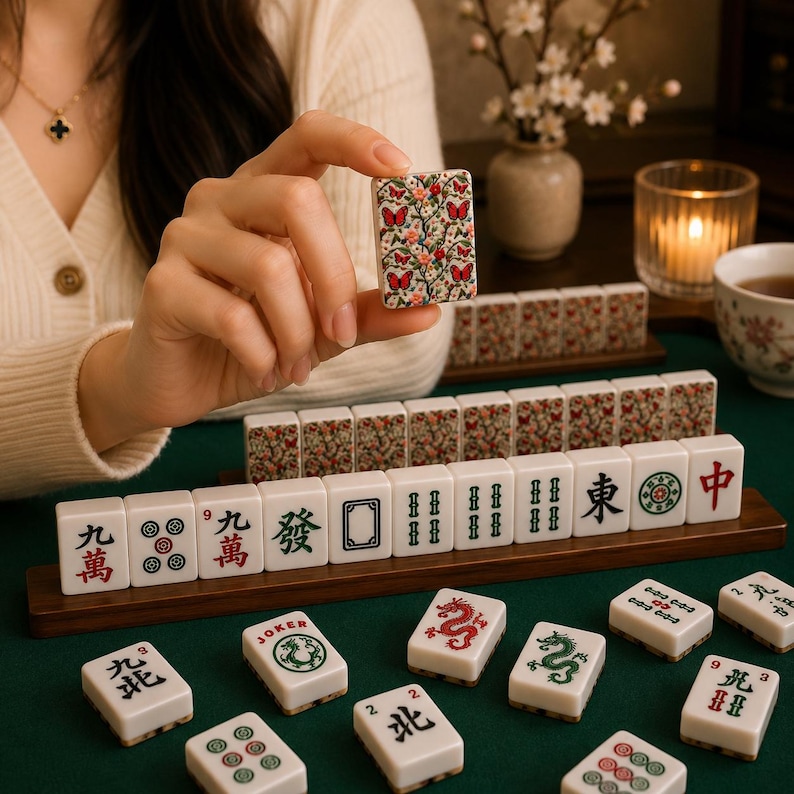 May include: A close-up of a Mahjong tile with a butterfly design. The tile is held in front of a set of white tiles with Chinese characters and floral patterns. The game is set on a green surface.