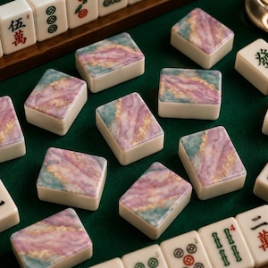 K&ouml;nnte beinhalten: Ein Set aus Mahjong-Spielsteinen mit einem dekorativen marmorierten Muster in Violett, T&uuml;rkis und Goldfolienakzenten auf der R&uuml;ckseite, durchsetzt mit traditionellen wei&szlig;en Spielsteinen, die schwarze, rote und gr&uuml;ne chinesische Schriftzeichen zeigen.